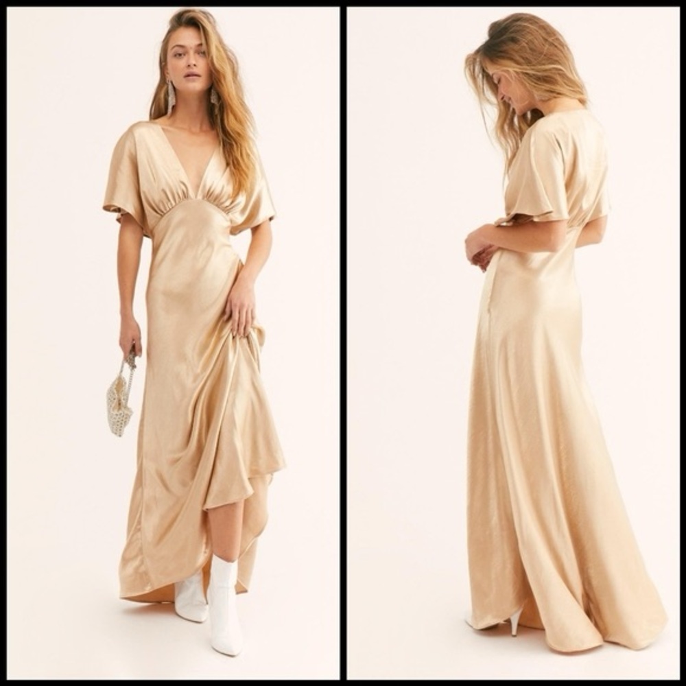 Free People Beatrice Dress in Warm Sand gold satin boho